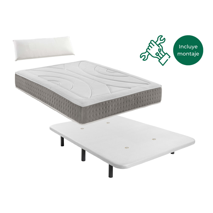 Pack de Base Tapizada Blanca + Colchón viscoelástico con 1 almohada Nordic - Incluye Montaje