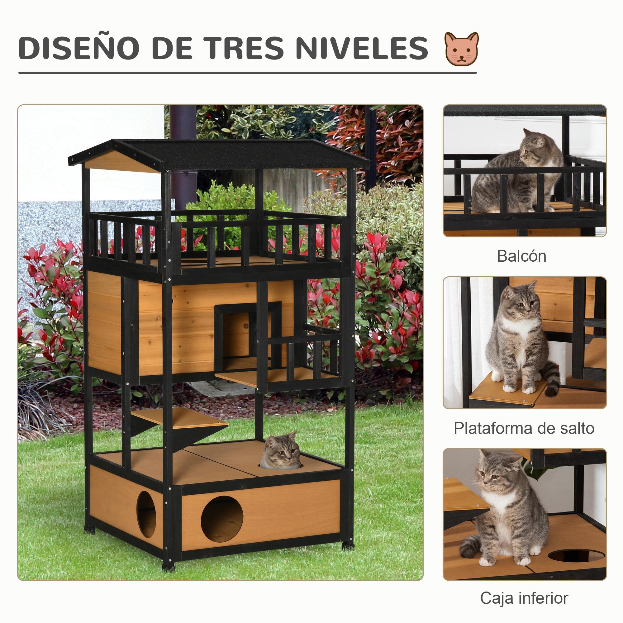 Casa para Gatos de Madera 75,5x75x137 cm Caseta para Gatos Refugio para Gatos con Techo Asfáltico y Plataformas para Interior y Exterior Natural