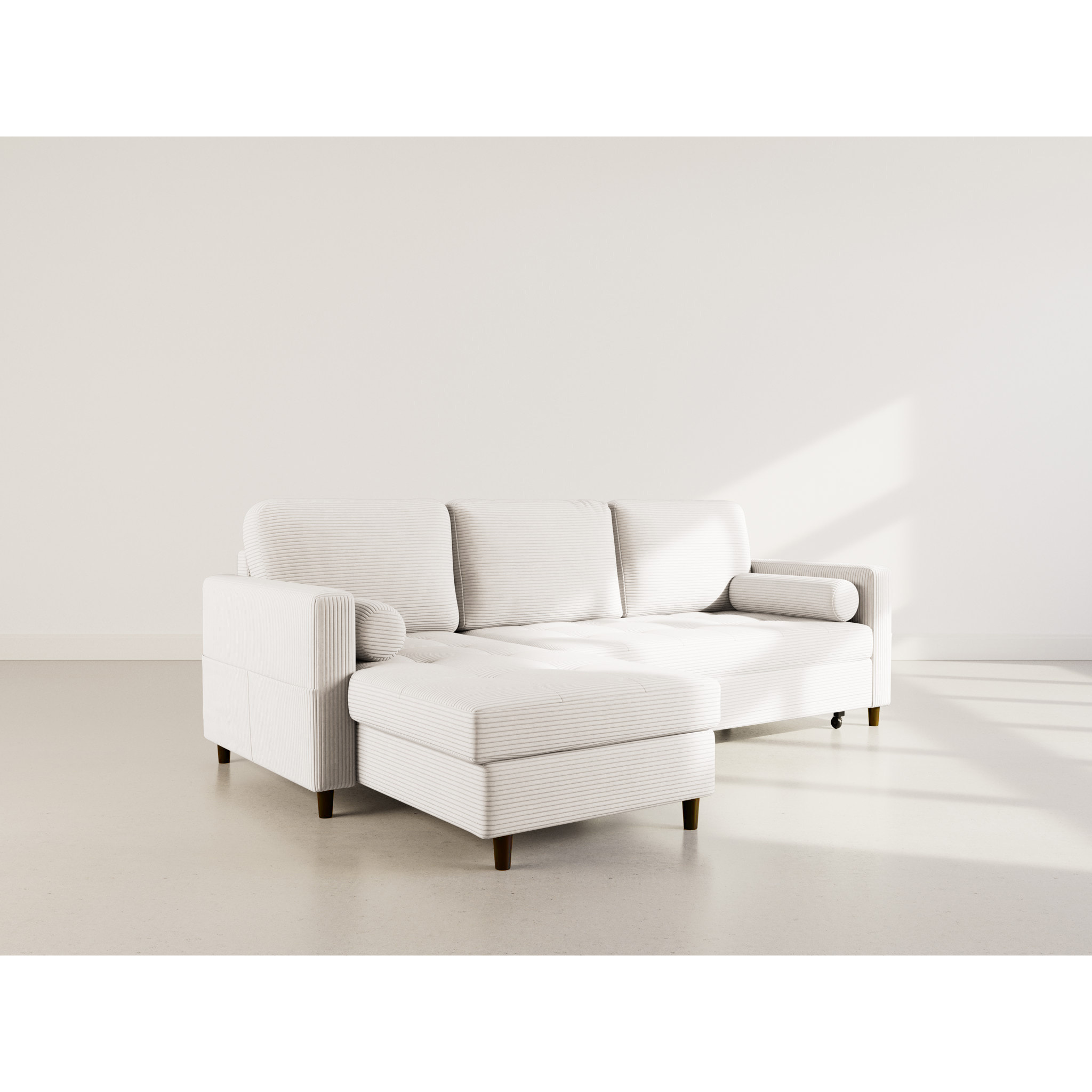 Marceau - Canapé d'angle réversible 4 places convertible avec coffre en velours côtelé - Beige