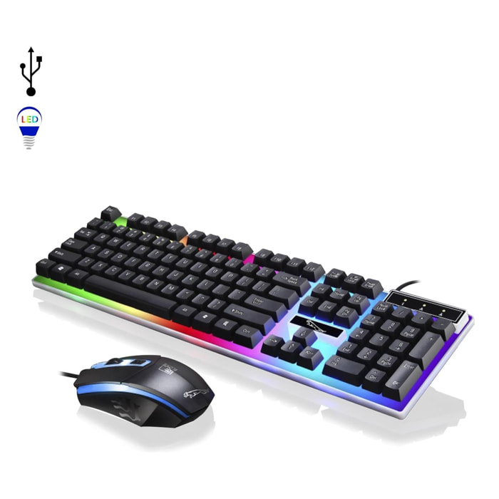 DAM Pacchetto gaming G21B composto da tastiera e mouse con luci RGB. 44,5x3x14 centimetri. Colore nero