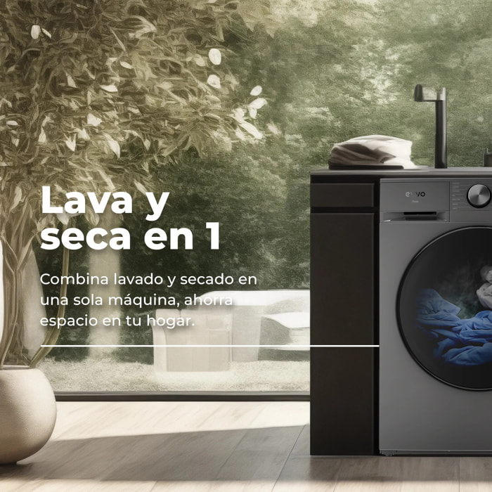EVVO Lavadora-secadora Nova 8/6X, 8+6 kg, 1350 rpm, Clase A, inverter, vapor Steam Wash, ePROTECT, 14 programas, Smart LOAD, 15’ rápido, inox