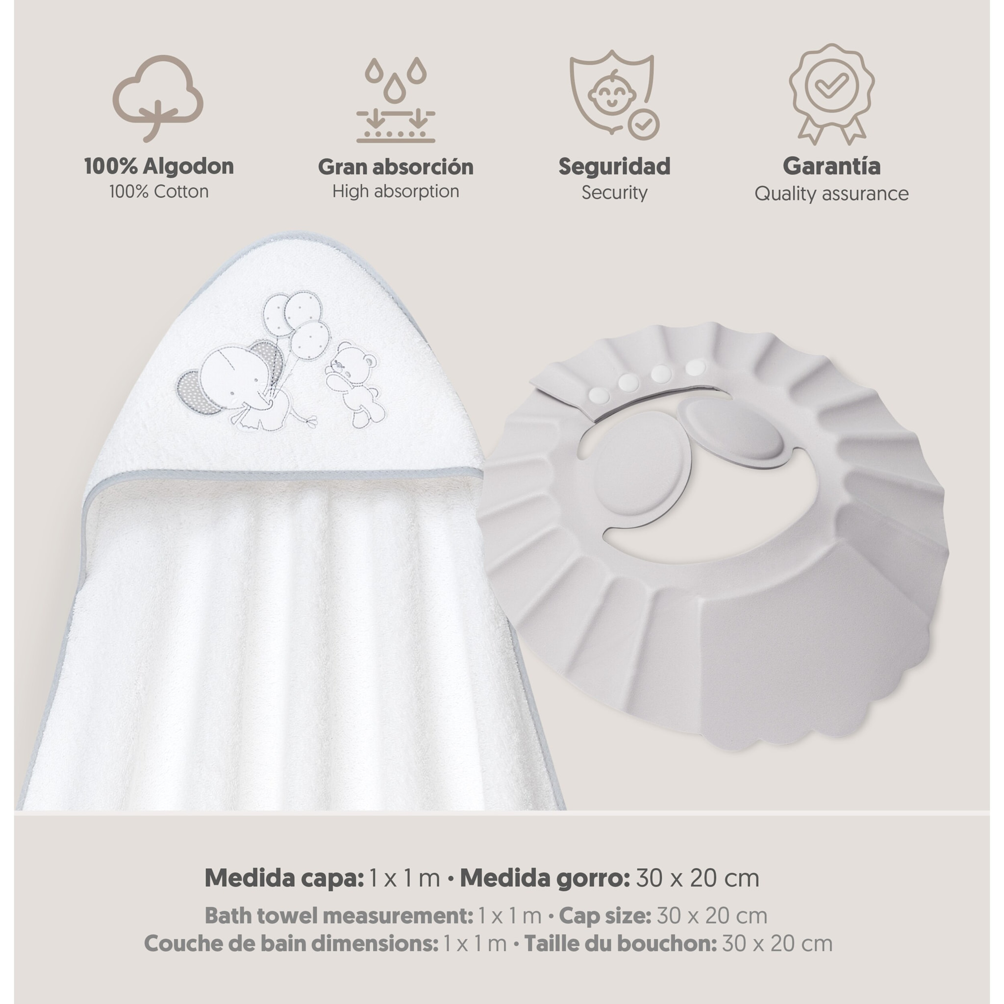 Capa Baño 1X1 Mod Oso Elefante Globos+Gorro Bco/Gris