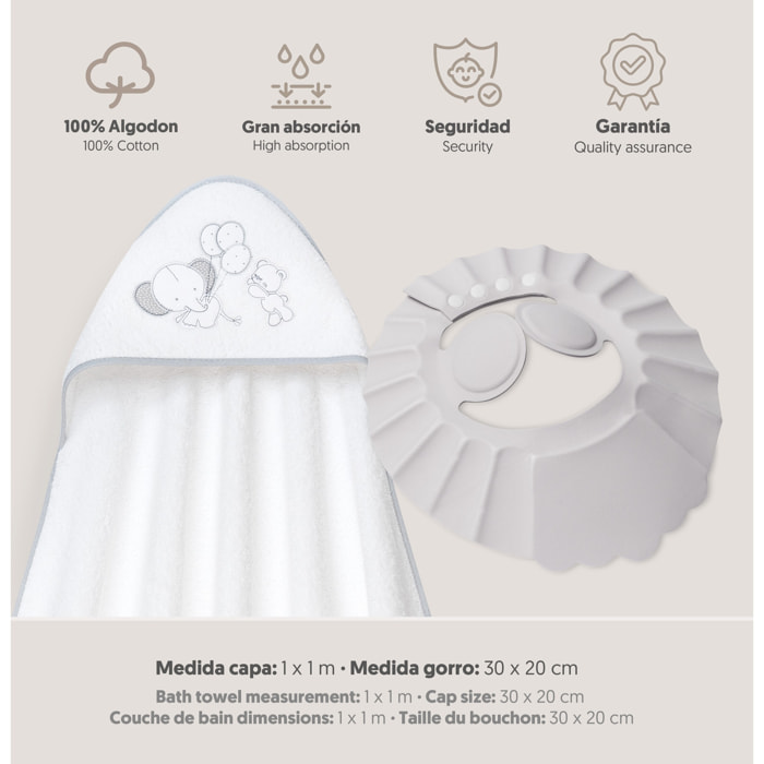 Capa Baño 1X1 Mod Oso Elefante Globos+Gorro Bco/Gris