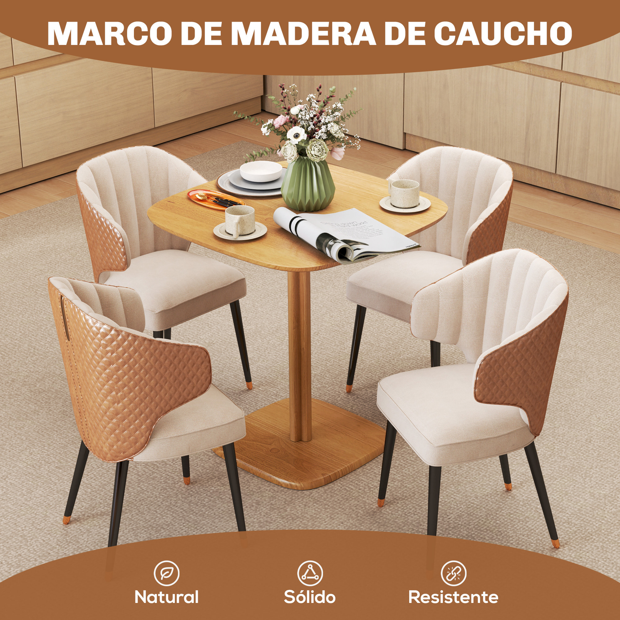 Mesa de Comedor de Madera, Mesa de Cocina Cuadrada para 4 Personas, Base Cuadrada, para Espacios Pequeños, Salón, 70x70x75 cm, Madera Natural