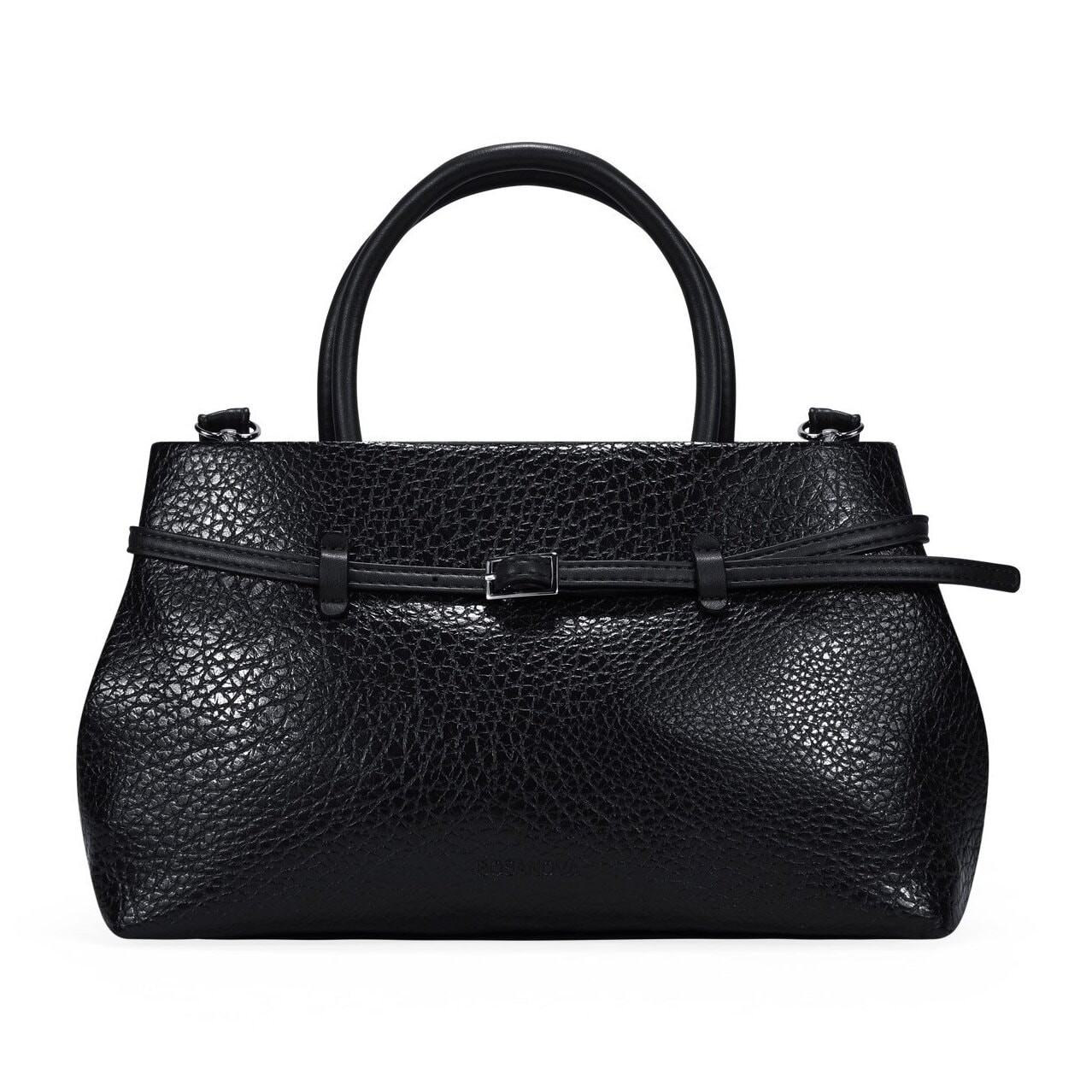 Bolso de mano negro con cinturón y hebilla