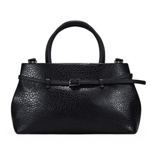 Bolso de mano negro con cinturón y hebilla