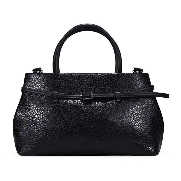 Bolso de mano negro con cinturón y hebilla