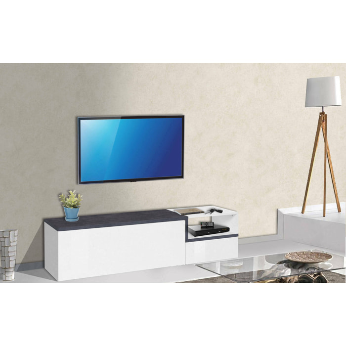 Mobile porta TV Fluorite, Credenza bassa da soggiorno a 2 ante, Base porta televisione, 100% Made in Italy, cm 160x40h46, Bianco lucido e Ardesia
