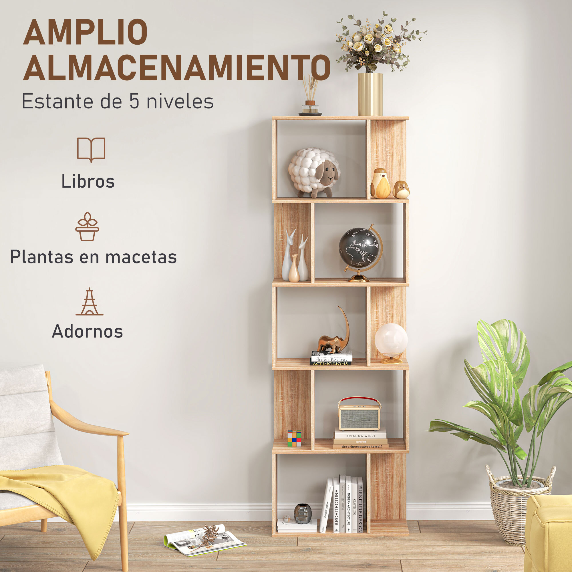 Librería de 5 Niveles, Estantería para Libros en Forma de S con 10 Estantes, para Sala de Estar, Dormitorio, Estudio, Oficina, 60x24x184,5 cm, Natural