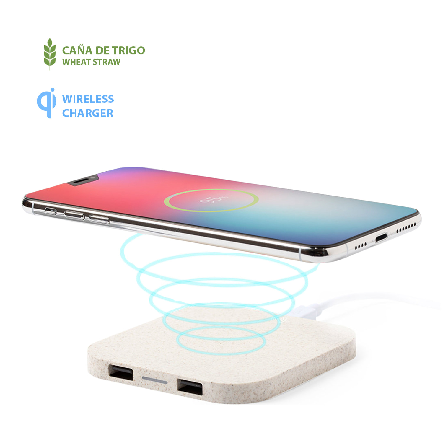 Caricatore Riens Qi wireless, realizzato in paglia di grano, con doppia uscita USB da 2100 mAh.