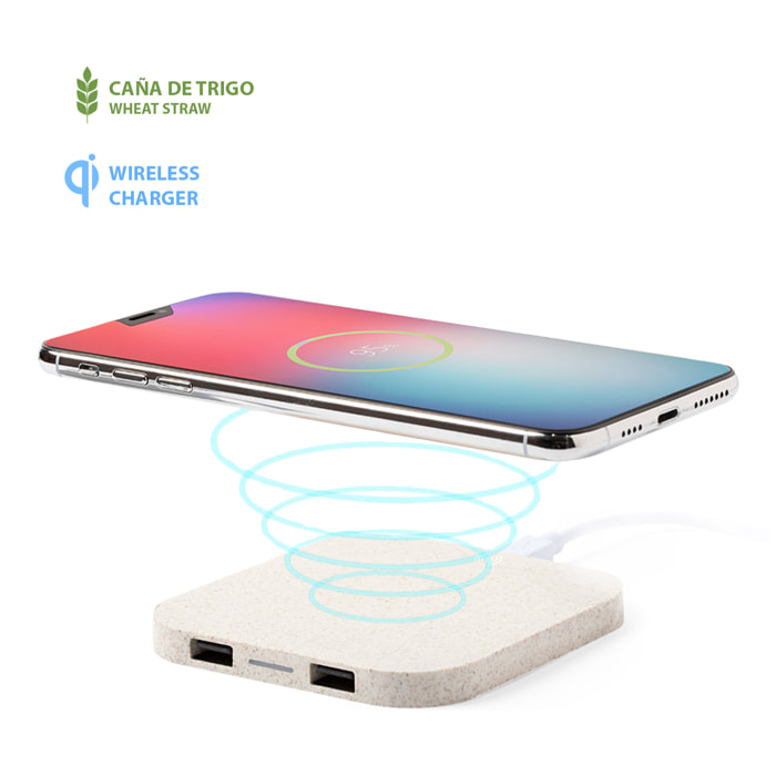 Caricatore Riens Qi wireless, realizzato in paglia di grano, con doppia uscita USB da 2100 mAh.