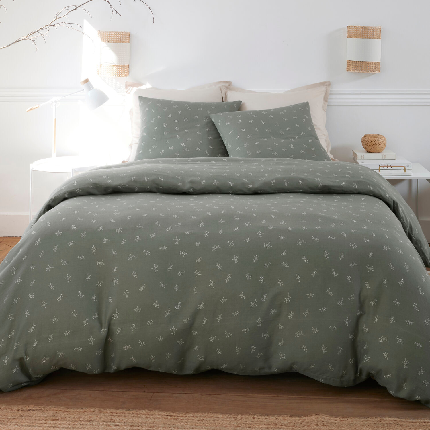 Parure housse de couette imprimé 100% gaze de coton - céleste
