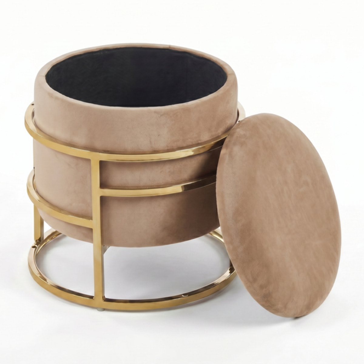 Pouf Contenitore Rotondo in Velluto con Coperchio e Base in Acciaio Dorata, Seduta Imbottita con Vano Contenitore dallo Stile Elegante per Soggiorno, Camera da Letto e Ingresso