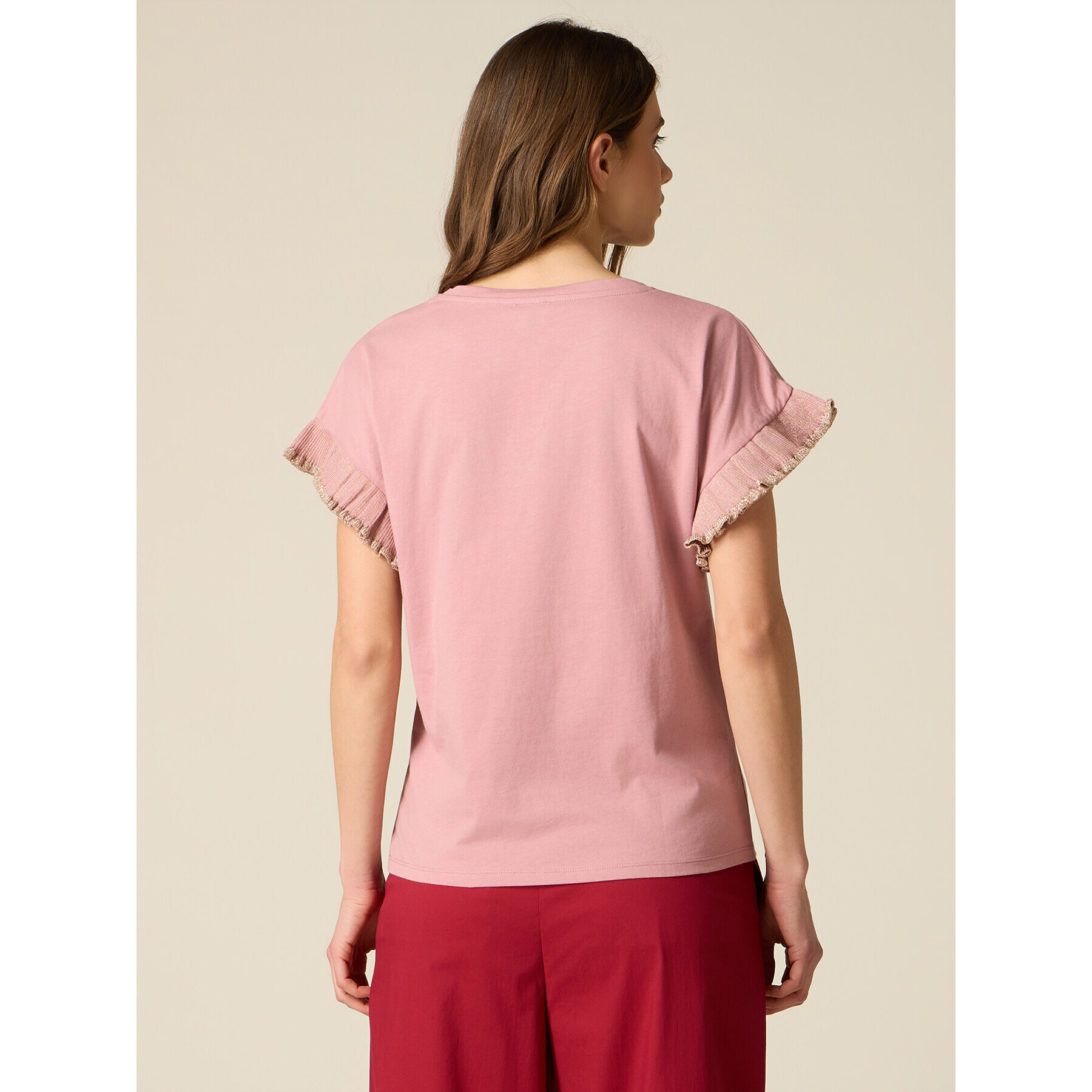Oltre - T-shirt in cotone con cristalli e rouches - Rosa