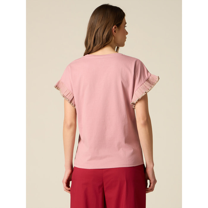 Oltre - T-shirt in cotone con cristalli e rouches - Rosa