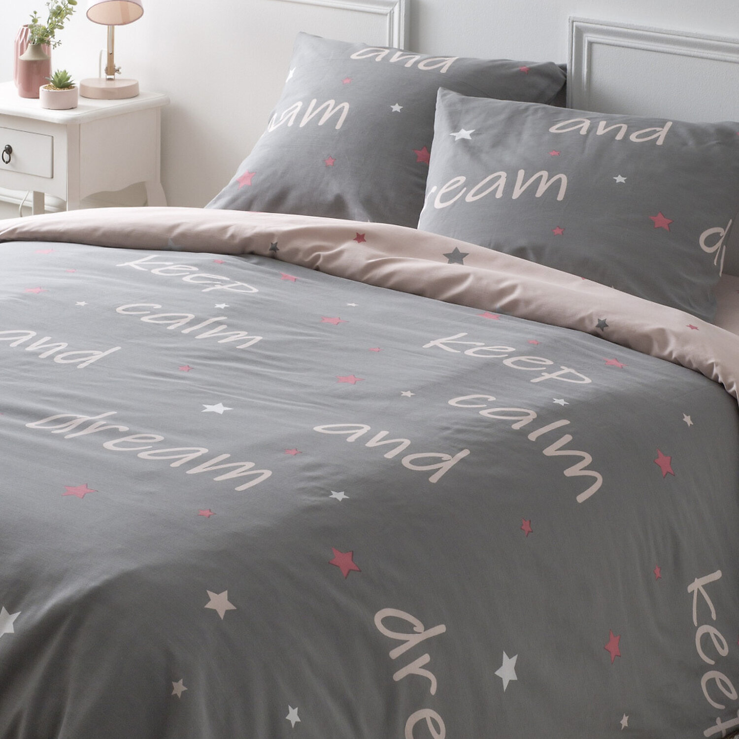 Parure de lit 100% coton motif étoile - gris et rose pâle
