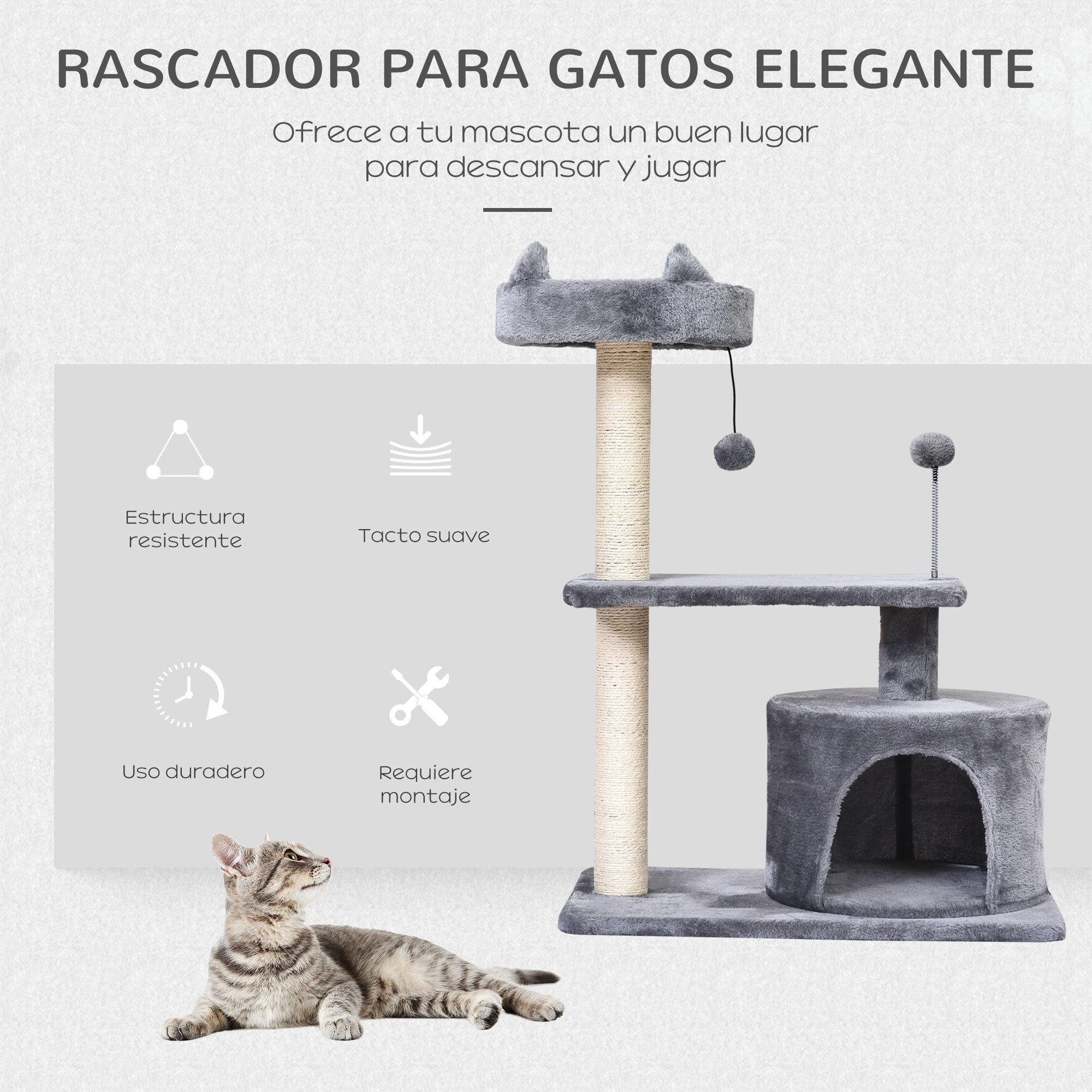 Árbol Rascador para Gatos 81 cm Torre para Gatos Medianos con Cama Plataforma Refugio Poste de Sisal y Bolas de Juguete 60x40x81 cm Gris