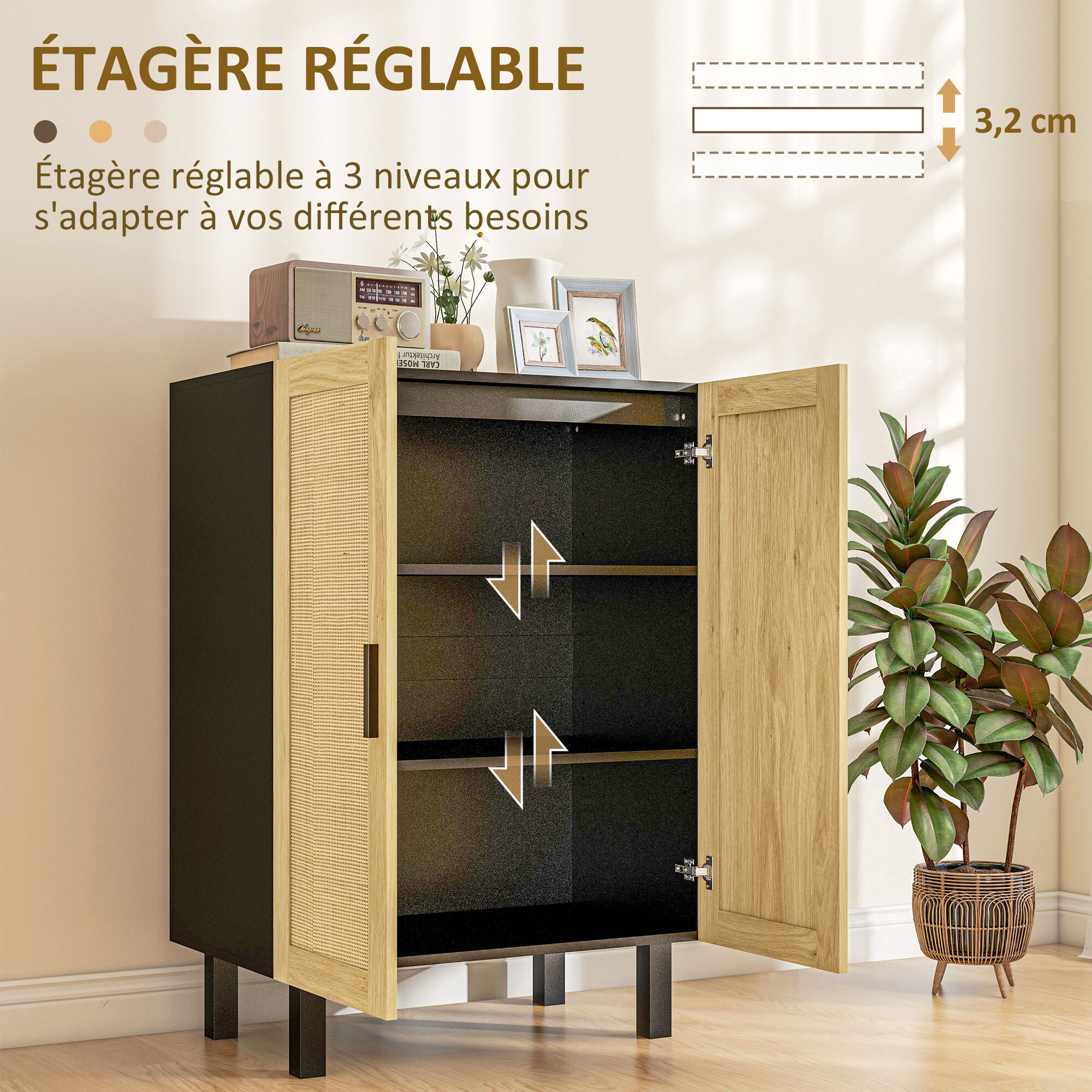 Buffet 2 portes 2 étagères réglables style bohème chic cannage en rotin panneaux aspect bois clair noir