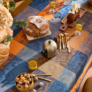 Nappe pur coton 220 g/m² motif jacquard bleu brun Mille branchages crepuscule