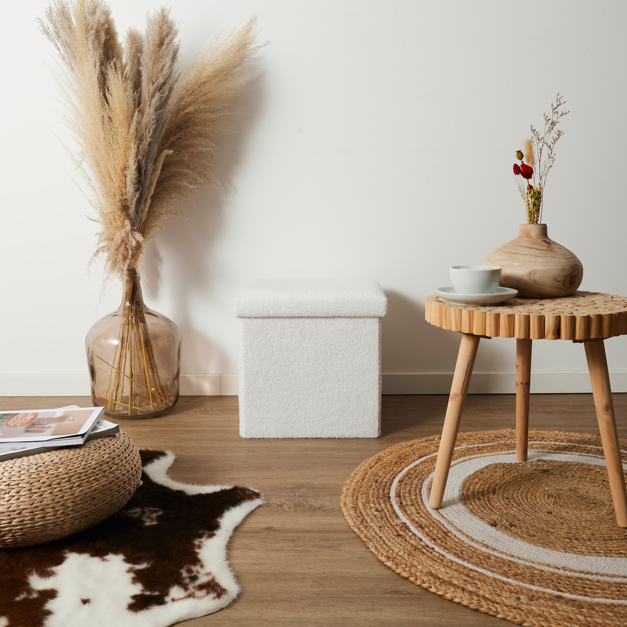 Coffre Pouf Pliable Bouclette Blanc - Lot de 4