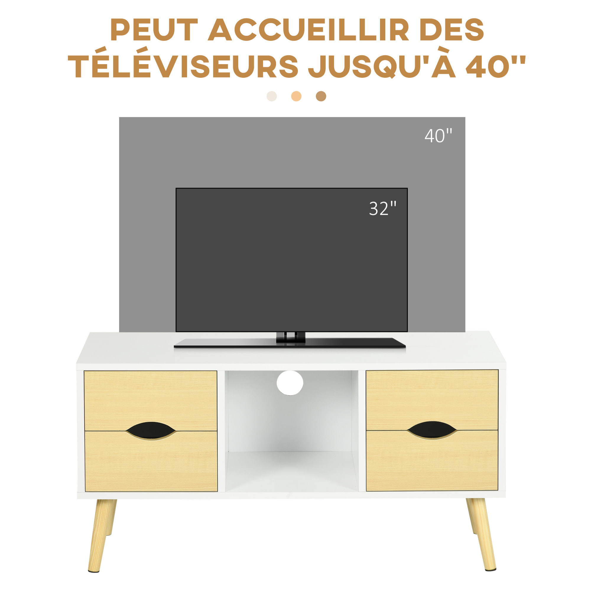 Meuble TV style scandinave 4 tiroirs coulissants niche passe-fils piètement bois pin blanc aspect bois clair