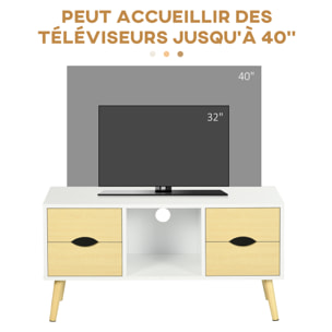 Meuble TV style scandinave 4 tiroirs coulissants niche passe-fils piètement bois pin blanc aspect bois clair