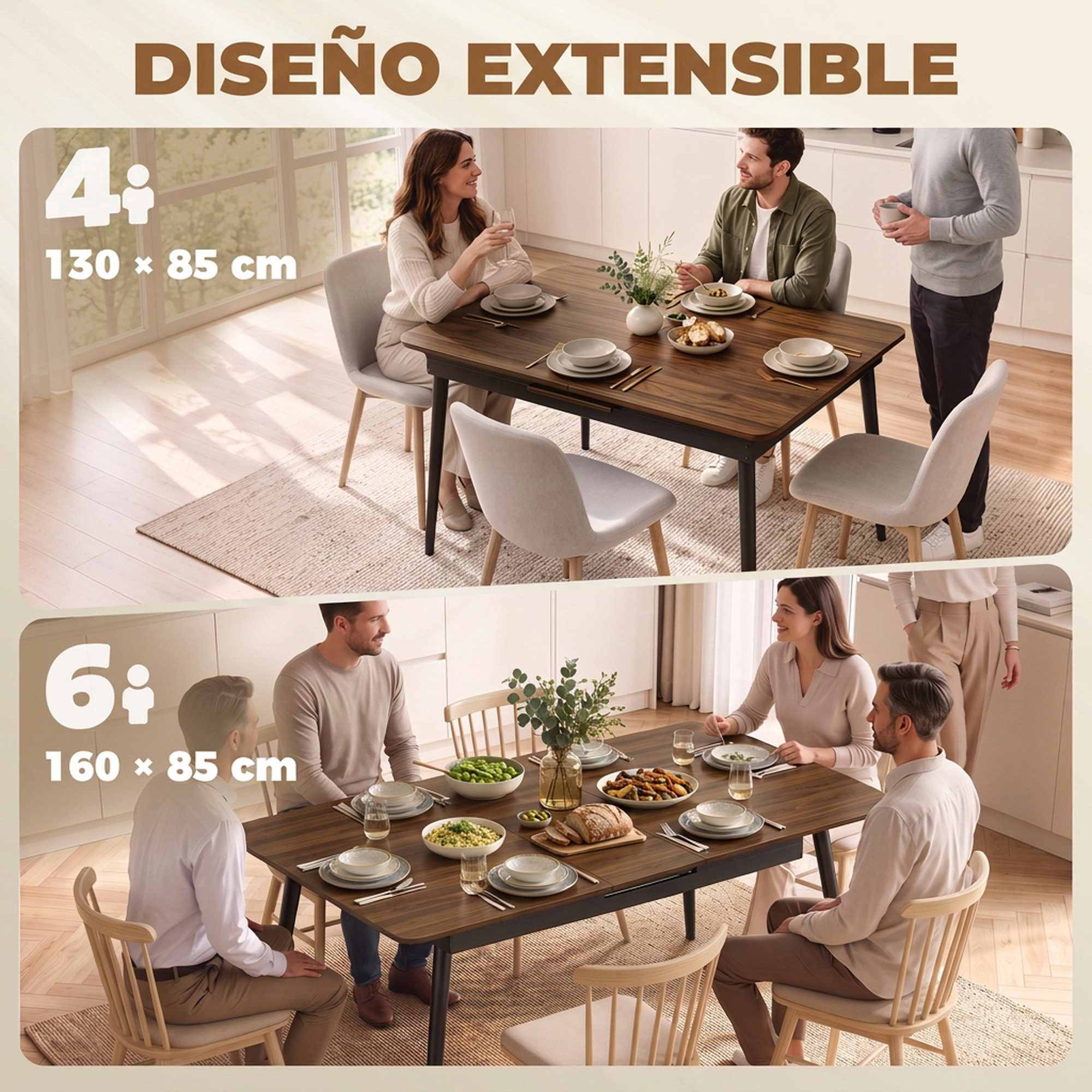 HOMCOM Mesa de Comedor Extensible, Mesa de Cocina Rectangular para 4-6 Personas, Estilo Industrial, Esquinas Redondeadas, 130-160x85x75 cm, Nogal Claro