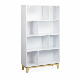 Bibliothèque scandinave blanche. étagère asymétrique - Floki - pieds en bois de sapin. 4 étagères. 8 compartiments. 80x30x138cm