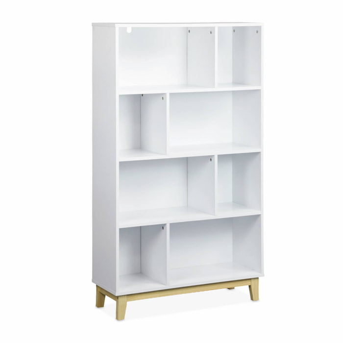 Bibliothèque scandinave blanche. étagère asymétrique - Floki - pieds en bois de sapin. 4 étagères. 8 compartiments. 80x30x138cm
