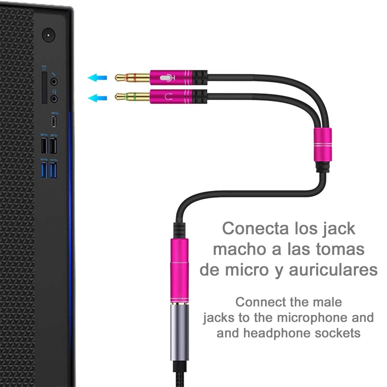 Splitter conversor de minijack (hembra) a doble minijack macho (micrófono y altavoz). Utiliza auriculares con micro incorporado y minijack simple en tu PC.