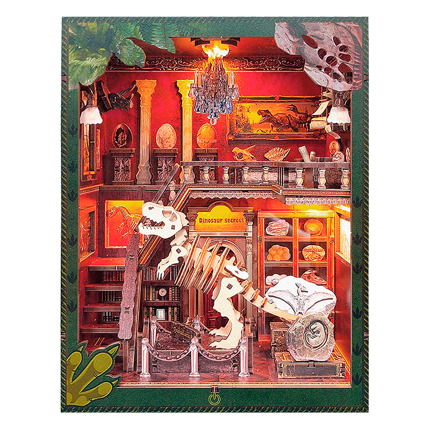 Estudio de dinosaurios. Book Nook de madera, diseño 3D realista con gran detalle, cubierta y luces led. Con 153 piezas.