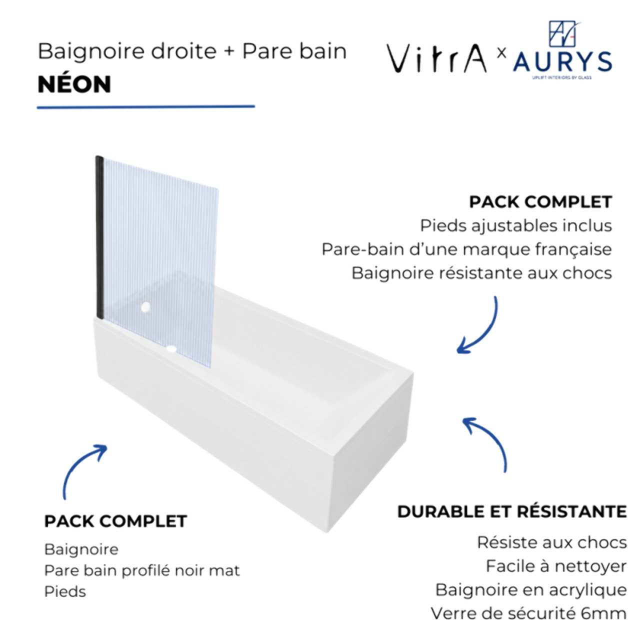 Baignoire rectangulaire Neon 170x75cm + Pare bain gauche AURYS Raywall noir mat profilé gauche