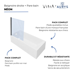 Baignoire rectangulaire Neon 170x75cm + Pare bain gauche AURYS Raywall noir mat profilé gauche
