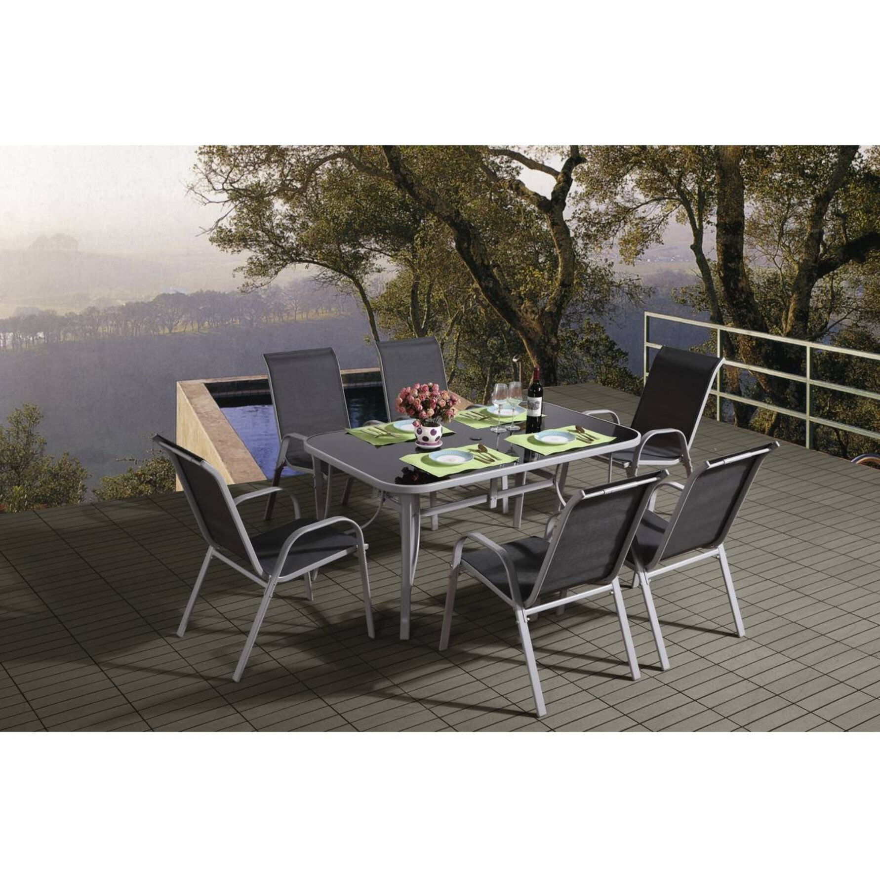 Table et chaises de jardin en textilène "Cordoba" - Phoenix - 6 places - Gris foncé