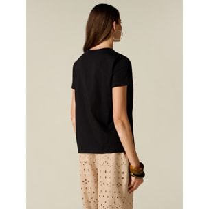 Oltre - T-shirt in cotone con applicazione floreale - Nero