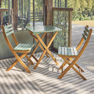 Table de jardin pliante bois d'acacia + 2 assises vert de gris HILORA . table carrée