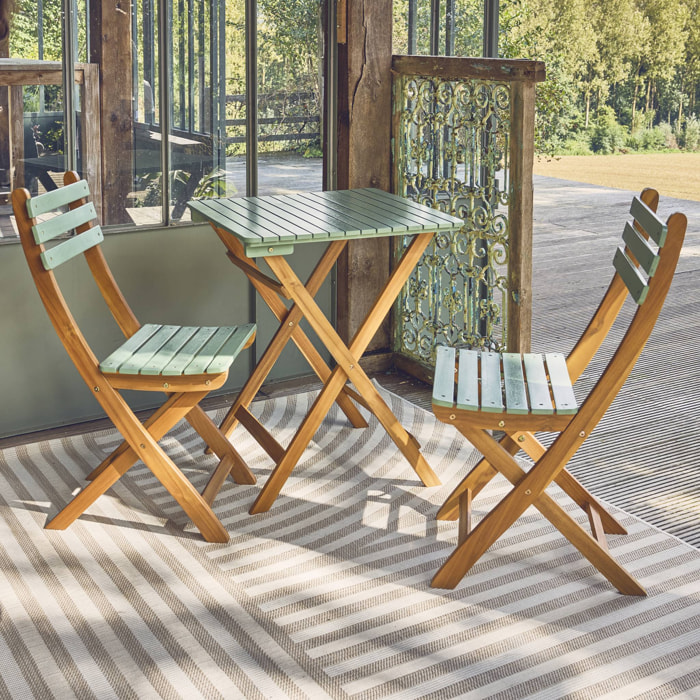 Table de jardin pliante bois d'acacia + 2 assises vert de gris HILORA . table carrée