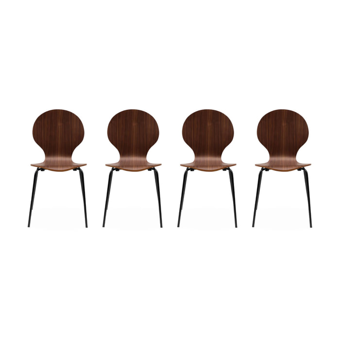 Lot de 4 chaises noyer. rétro empilables. bois d'hévéa et contreplaqué. pieds en acier. Naomi. L 43 x P 48 x H 87cm