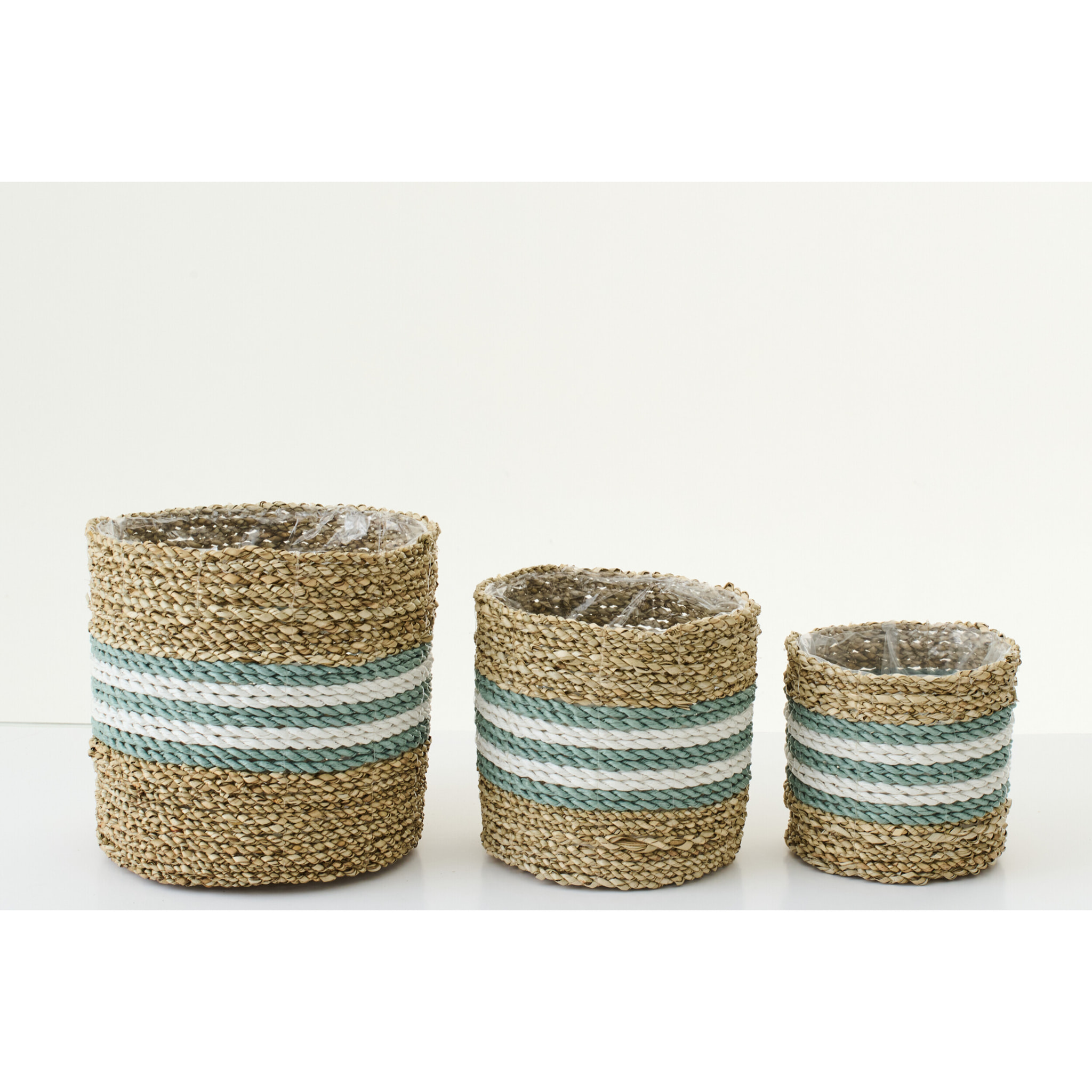 J-Line Cache-pot Ligné - rotin - naturel/turquoise - set de 3