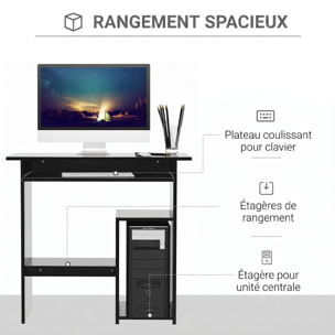 Bureau informatique compact 80 x 45 x 75 cm - espace unité centrale, étagère, tablette clavier - effet bois noir