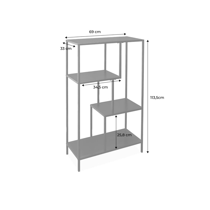 Etagère bibliothèque noir en métal noir asymétrique 4 niveaux INDUSTRIELLE  L 69 x P 33 x H 113.5cm