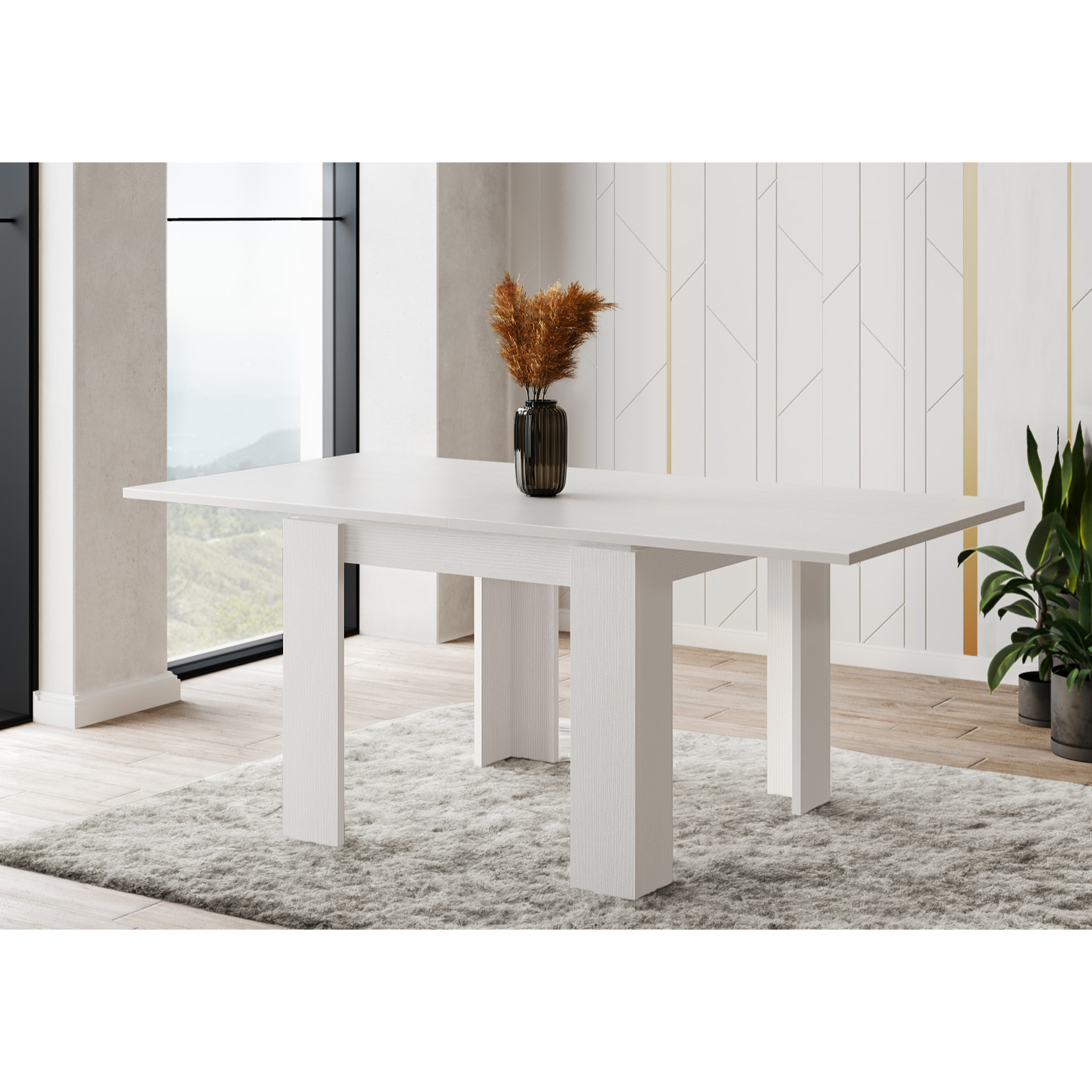 Tavolo Allungabile Moderno Da 4 A 8 Persone Gambe Spesse Minimal Meccanismo Centrale Estensibile Per Cucina Sala Pranzo 90 x 90 / 180 x 90 Cm Bianco
