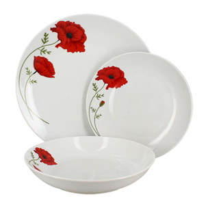 Lot de 6 assiettes plates porcelaine blanche avec dessin fleuri 27cm COQUELICOT