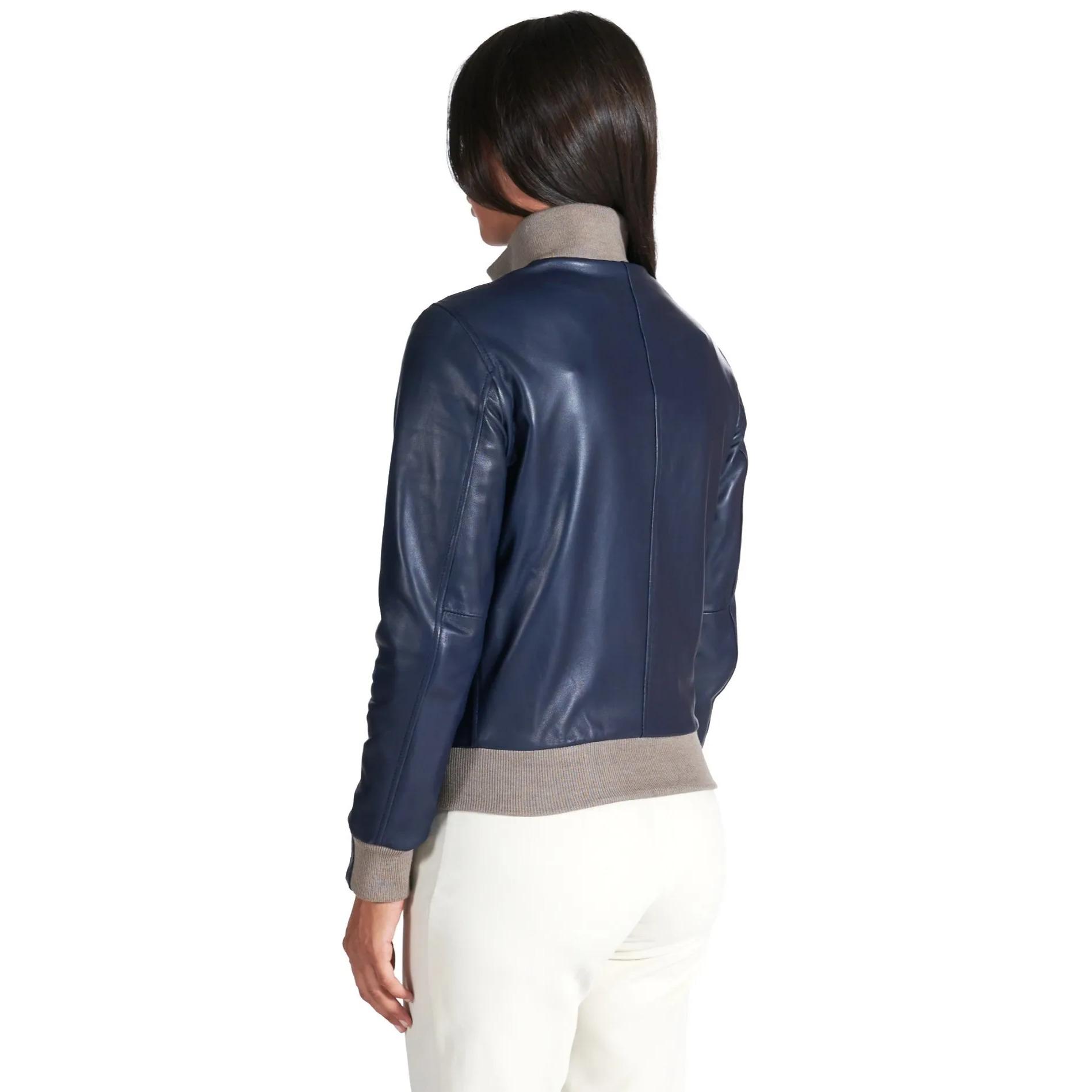 Bomber in pelle naturale blu collo in lana merino