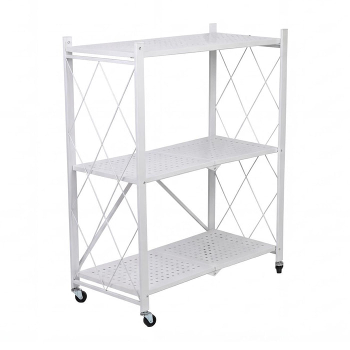 Estantería de Almacenamiento PLEGABLE de 3 Estantes con ruedas, SIN montaje 71x34x89cm color Blanco