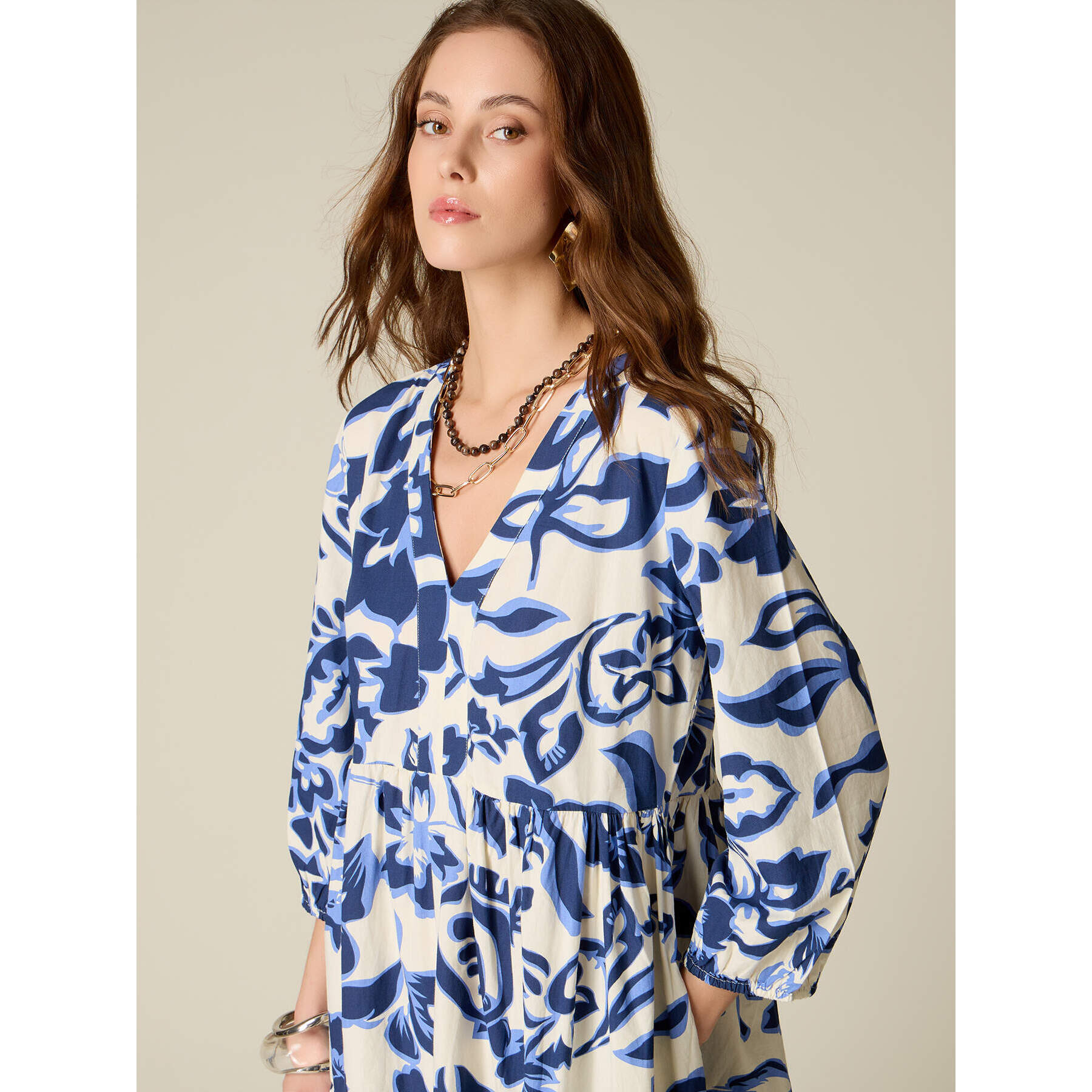 Oltre - Vestito lungo in cotone fantasia - Blu