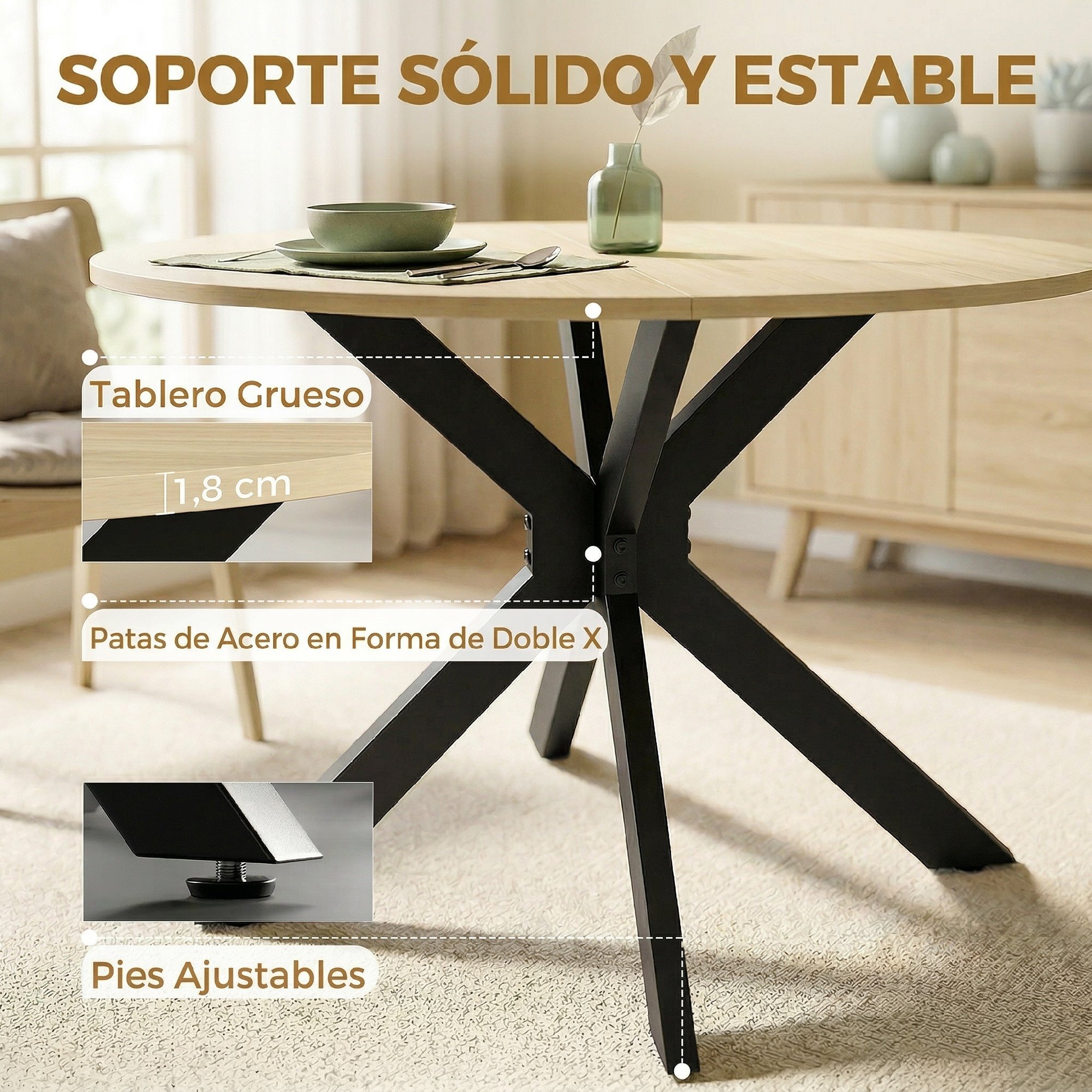 Mesa Plegable de Comedor, Mesa de Cocina Plegable Redonda, para 2-6 Personas, con Ala Abatible, Marco de Acero Doble X, para Salón, Espacio Pequeño, Ø110x76 cm, Natural