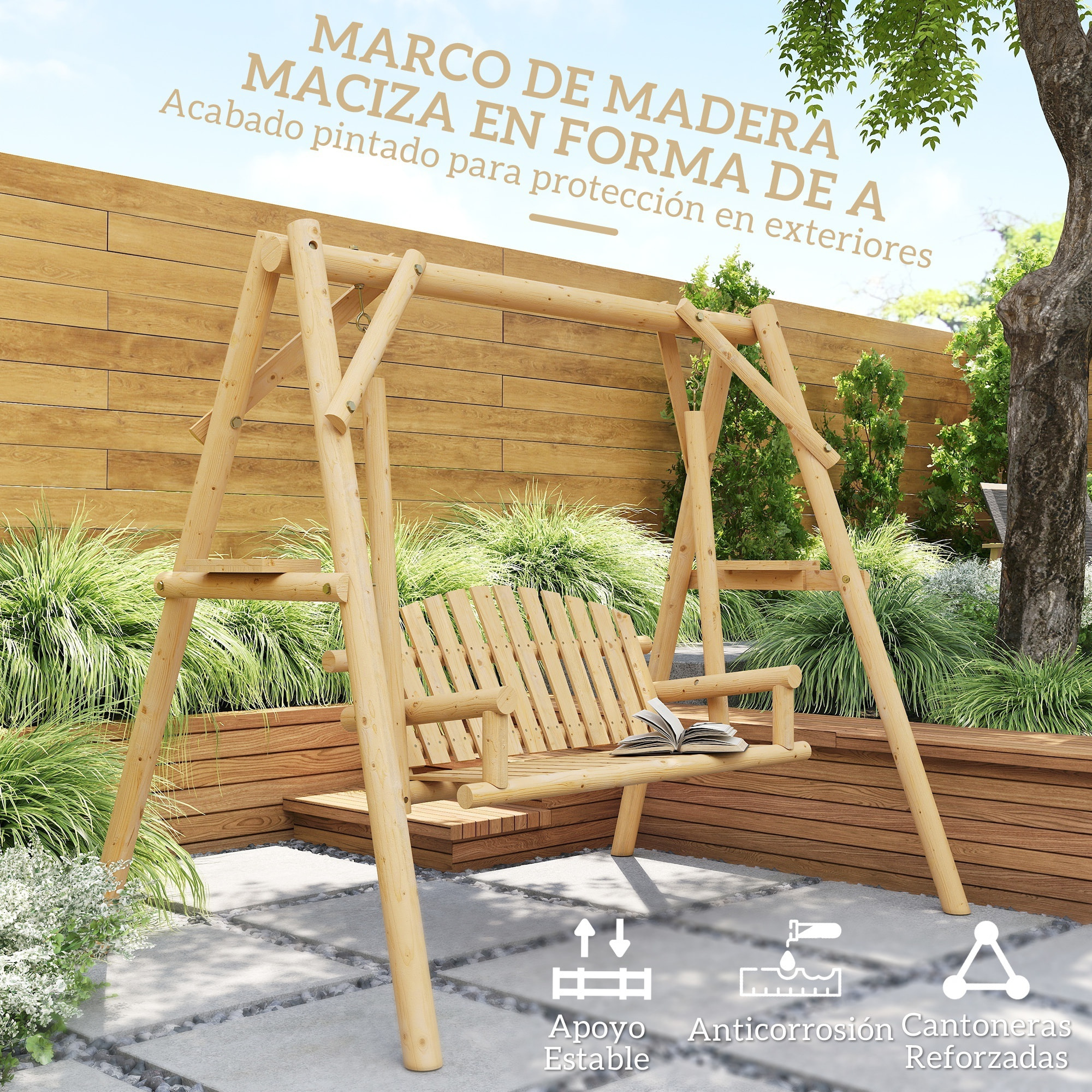 Banco Columpio de Jardín de Madera de 2 Plazas Balancín de Jardín Exterior con Bandejas Laterales Reposabrazos y Estructura en A para Patio Porche Carga 240 kg 200x135x175 cm Natural