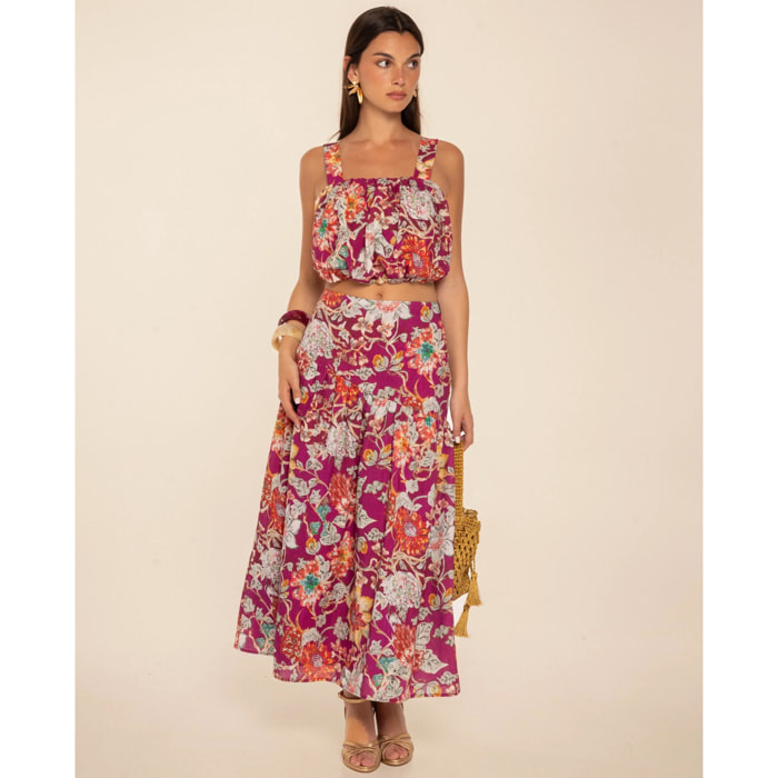 Falda midi con canesú y fruncidos