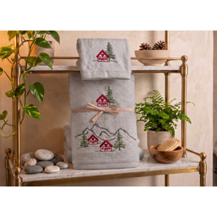 Set Asciugamano Ospite in Spugna 100% Cotone Fantasia Tirolese Natalizia Disegno Malga Grigio Chiaro
